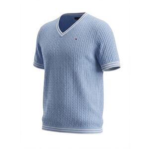 Tommy Hilfiger Womens Cable Knit Sweater Blue V Neck Short Sleeve Prep Size XL